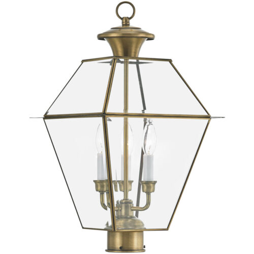 12 inch 3 Light Antique Brass Outdoor Post Lantern Pendant Lighting Fixture with Clear Beveled Glass Shade-Lighting LumensLantern