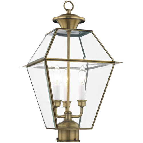 12 inch 3 Light Antique Brass Outdoor Post Lantern Pendant Lighting Fixture with Clear Beveled Glass Shade-Lighting LumensLantern