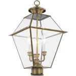 12 inch 3 Light Antique Brass Outdoor Post Lantern Pendant Lighting Fixture with Clear Beveled Glass Shade-Lighting LumensLantern