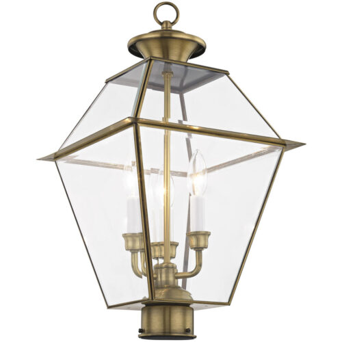 12 inch 3 Light Antique Brass Outdoor Post Lantern Pendant Lighting Fixture with Clear Beveled Glass Shade-Lighting LumensLantern