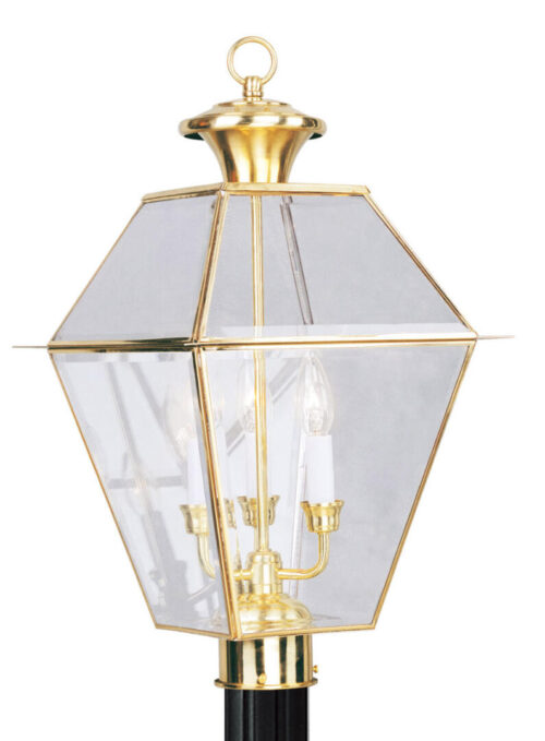 12 inch 3 Light Polished Brass Outdoor Post Lantern Pendant Lighting Fixture with Clear Beveled Glass Shade-Lighting LumensLantern