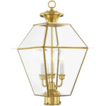 12 inch 3 Light Polished Brass Outdoor Post Lantern Pendant Lighting Fixture with Clear Beveled Glass Shade-Lighting LumensLantern