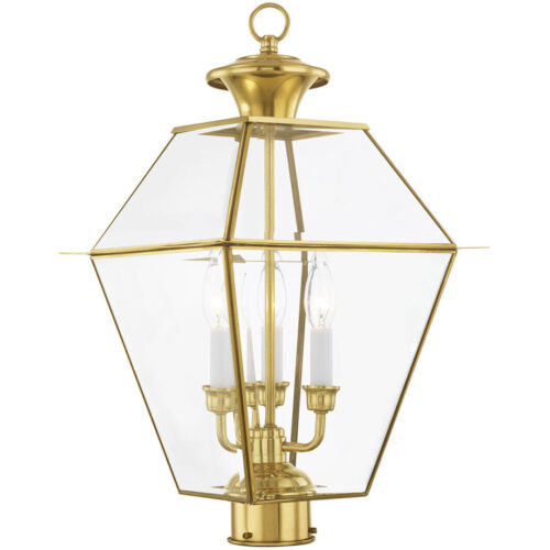 12 inch 3 Light Polished Brass Outdoor Post Lantern Pendant Lighting Fixture with Clear Beveled Glass Shade-Lighting LumensLantern