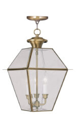 12 inch 3 Light Antique Brass Outdoor Chain Lantern Pendant Lighting Fixture with Clear Beveled Glass Shade-Lighting LumensLantern