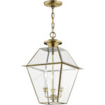 12 inch 3 Light Antique Brass Outdoor Chain Lantern Pendant Lighting Fixture with Clear Beveled Glass Shade-Lighting LumensLantern