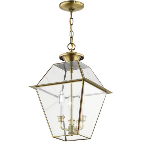 12 inch 3 Light Antique Brass Outdoor Chain Lantern Pendant Lighting Fixture with Clear Beveled Glass Shade-Lighting LumensLantern