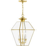 12 inch 3 Light Polished Brass Outdoor Chain Lantern Pendant Lighting Fixture with Clear Beveled Glass Shade-Lighting LumensLantern