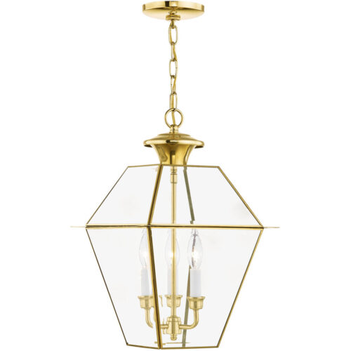 12 inch 3 Light Polished Brass Outdoor Chain Lantern Pendant Lighting Fixture with Clear Beveled Glass Shade-Lighting LumensLantern