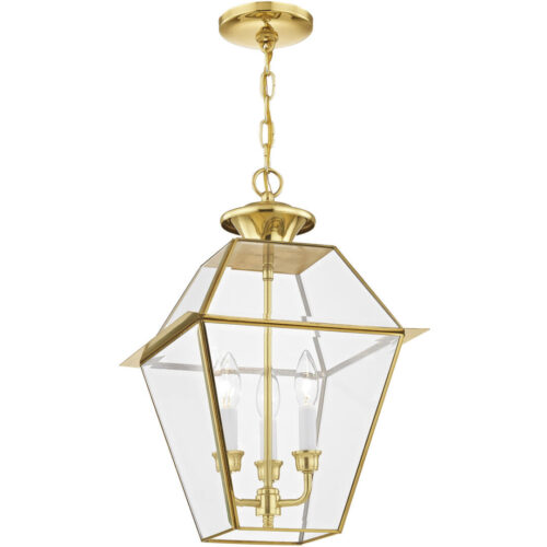 12 inch 3 Light Polished Brass Outdoor Chain Lantern Pendant Lighting Fixture with Clear Beveled Glass Shade-Lighting LumensLantern