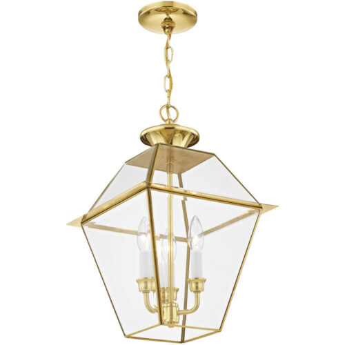 12 inch 3 Light Polished Brass Outdoor Chain Lantern Pendant Lighting Fixture with Clear Beveled Glass Shade-Lighting LumensLantern