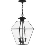 12 inch 3 Light Black Outdoor Chain Lantern Pendant Lighting Fixture with Clear Beveled Glass Shade-Lighting LumensLantern