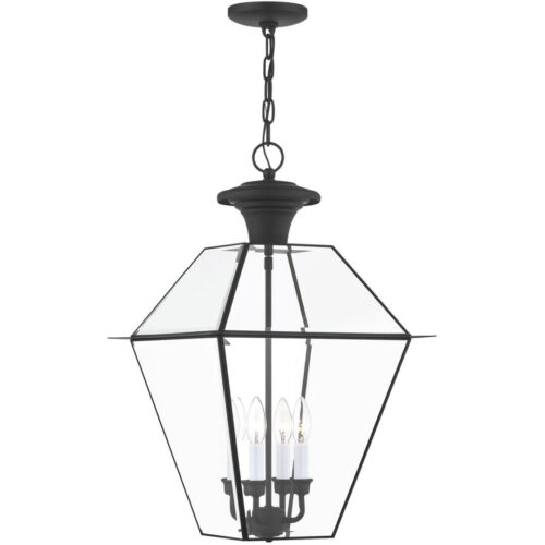 15 inch 4 Light Black Outdoor Chain Lantern Pendant Lighting Fixture with Clear Beveled Glass Shade-Lighting LumensLantern