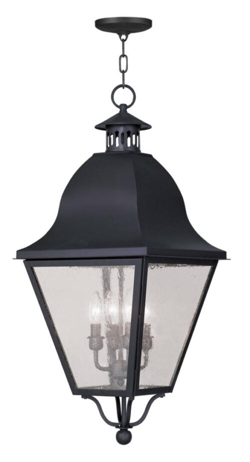 13.5 inch 4 Light Black Outdoor Chain Lantern Pendant Lighting Fixture with Seeded Glass Shade-Lighting LumensLantern