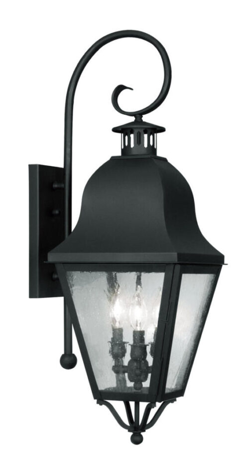 10.5 inch 3 Light Black Outdoor Wall Lantern Pendant Lighting Fixture with Seeded Glass Shade-Lighting LumensLantern