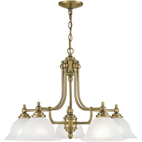 5 Light Antique Brass Chandelier with White Alabaster Glass Shade-Lighting LumensChandeliers