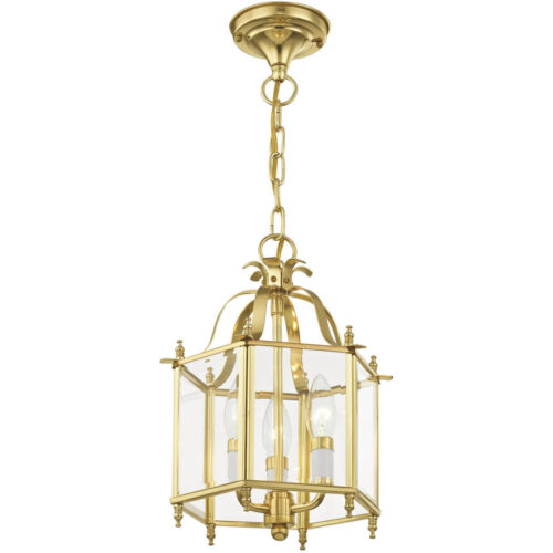 3 Light Polished Brass Chain Hang/Ceiling Light fixture with Clear Beveled Glass Shade-Lighting LumensFlush Mount Ceiling Lights