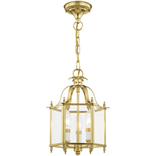 3 Light Polished Brass Chain Hang/Ceiling Light fixture with Clear Beveled Glass Shade-Lighting LumensFlush Mount Ceiling Lights