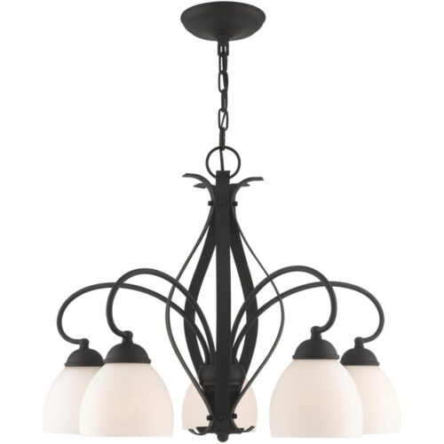 5 Light Black Chandelier with Hand Blown Satin Opal White Glass Shade-Lighting LumensChandeliers