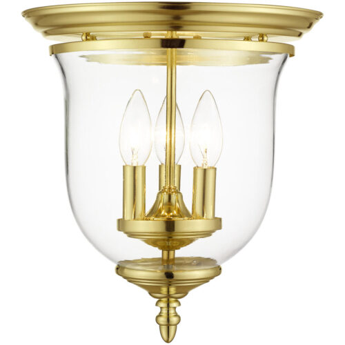 3 Light Polished Brass Ceiling Light fixture with Hand Blown Clear Glass Shade-Lighting LumensFlush Mount Ceiling Lights