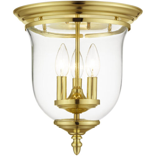 3 Light Polished Brass Ceiling Light fixture with Hand Blown Clear Glass Shade-Lighting LumensFlush Mount Ceiling Lights