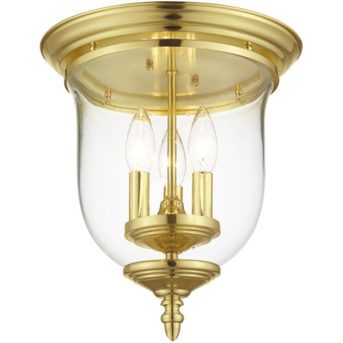 3 Light Polished Brass Ceiling Light fixture with Hand Blown Clear Glass Shade-Lighting LumensFlush Mount Ceiling Lights