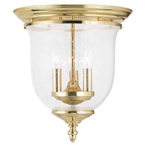 3 Light Polished Brass Ceiling Light fixture with Hand Blown Clear Seeded Glass Shade-Lighting LumensFlush Mount Ceiling Lights