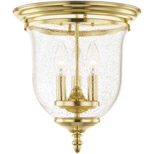 3 Light Polished Brass Ceiling Light fixture with Hand Blown Clear Seeded Glass Shade-Lighting LumensFlush Mount Ceiling Lights