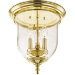 3 Light Polished Brass Ceiling Light fixture with Hand Blown Clear Seeded Glass Shade-Lighting LumensFlush Mount Ceiling Lights