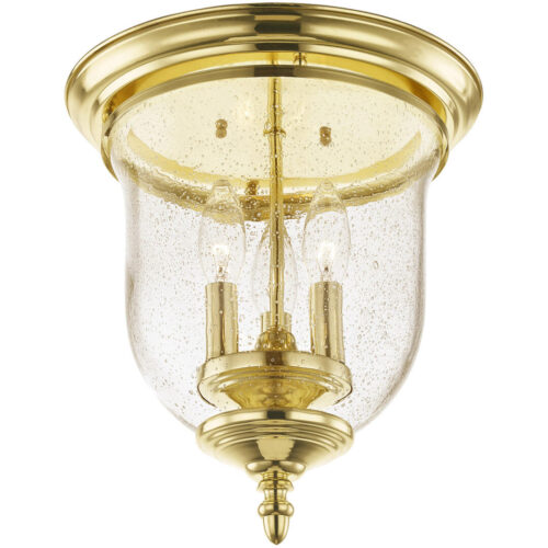 3 Light Polished Brass Ceiling Light fixture with Hand Blown Clear Seeded Glass Shade-Lighting LumensFlush Mount Ceiling Lights