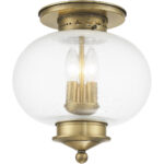 3 Light Antique Brass Ceiling Light fixture with Hand Blown Seeded Glass Shade-Lighting LumensFlush Mount Ceiling Lights