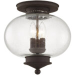 3 Light Bronze Ceiling Light fixture with Hand Blown Seeded Glass Shade-Lighting LumensFlush Mount Ceiling Lights