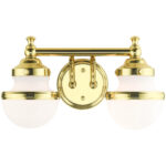 15 inch 2 Light Polished Brass Bathroom Vanity light fixture with White Glass Shade-Lighting LumensBath/Vanity