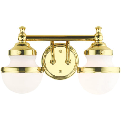 15 inch 2 Light Polished Brass Bathroom Vanity light fixture with White Glass Shade-Lighting LumensBath/Vanity