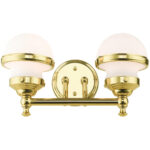 15 inch 2 Light Polished Brass Bathroom Vanity light fixture with White Glass Shade-Lighting LumensBath/Vanity