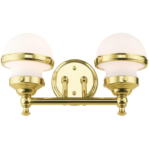 15 inch 2 Light Polished Brass Bathroom Vanity light fixture with White Glass Shade-Lighting LumensBath/Vanity