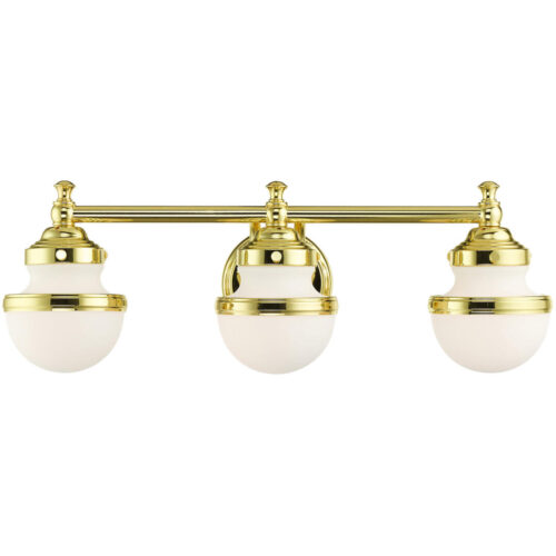 24 inch 3 Light Polished Brass Bathroom Vanity light fixture with White Glass Shade-Lighting LumensBath/Vanity