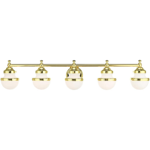 42.5 inch 5 Light Polished Brass Bathroom Vanity light fixture with White Glass Shade-Lighting LumensBath/Vanity