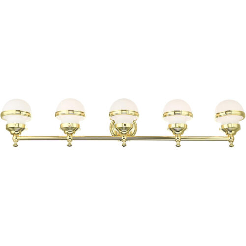 42.5 inch 5 Light Polished Brass Bathroom Vanity light fixture with White Glass Shade-Lighting LumensBath/Vanity