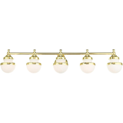 42.5 inch 5 Light Polished Brass Bathroom Vanity light fixture with White Glass Shade-Lighting LumensBath/Vanity