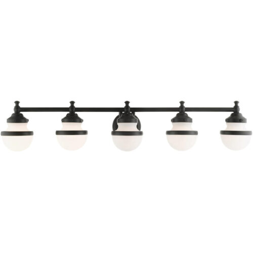 42.5 inch 5 Light Black Bathroom Vanity light fixture with White Glass Shade-Lighting LumensBath/Vanity