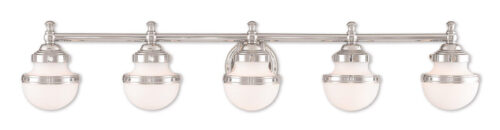 42.5 inch 5 Light Polished Chrome Bathroom Vanity light fixture with Hand Blown Satin Opal White Glass Shade-Lighting LumensBath/Vanity