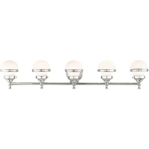 42.5 inch 5 Light Polished Chrome Bathroom Vanity light fixture with Hand Blown Satin Opal White Glass Shade-Lighting LumensBath/Vanity