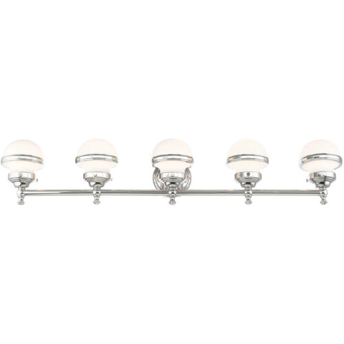 42.5 inch 5 Light Polished Chrome Bathroom Vanity light fixture with Hand Blown Satin Opal White Glass Shade-Lighting LumensBath/Vanity