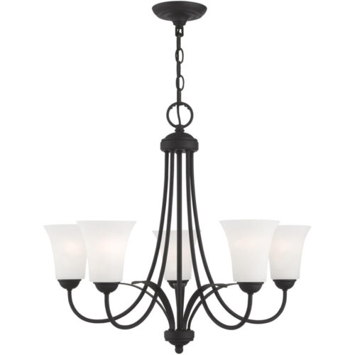 5 Light Black Chandelier with Hand Blown Satin Opal White Glass Shade-Lighting LumensChandeliers