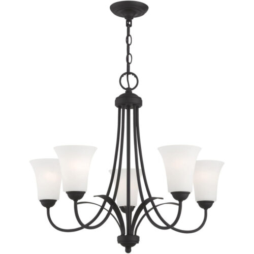 5 Light Black Chandelier with Hand Blown Satin Opal White Glass Shade-Lighting LumensChandeliers