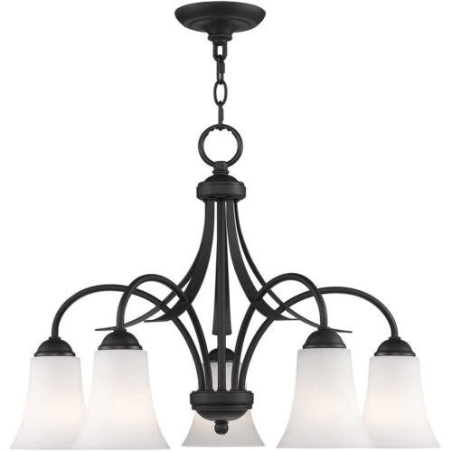 5 Light Black Chandelier with Hand Blown Satin Opal White Glass Shade-Lighting LumensChandeliers