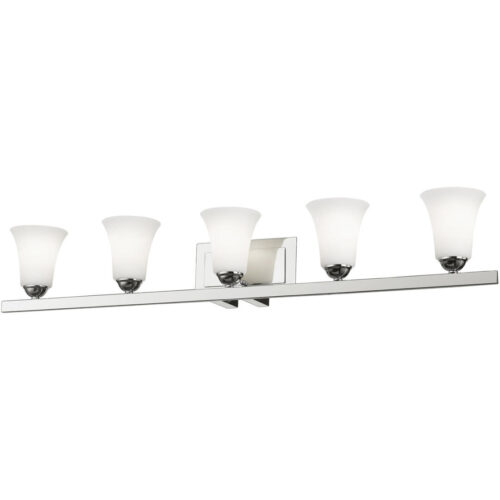 43.25 inch 5 Light Polished Chrome Bathroom Vanity light fixture with Satin Opal White Glass Shade-Lighting LumensBath/Vanity