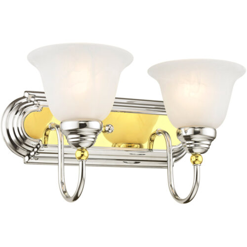 14 inch 2 Light Polished Chrome & Polished Brass Bathroom Vanity light fixture with White Alabaster Glass Shade-Lighting LumensBath/Vanity