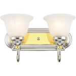 14 inch 2 Light Polished Chrome & Polished Brass Bathroom Vanity light fixture with White Alabaster Glass Shade-Lighting LumensBath/Vanity