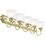 36 inch 5 Light Polished Brass & Polished Chrome Bathroom Vanity light fixture with White Alabaster Glass Shade-Lighting LumensBath/Vanity